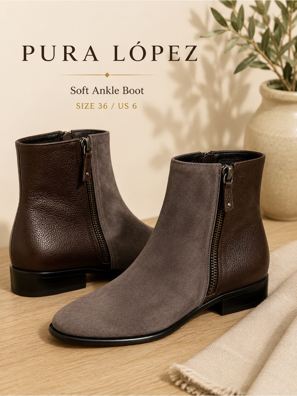 Pura López Soft Two-Tone Leather & Suede Ankle Boots EU 36 US 6 Made in Spain